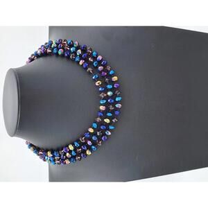 Vintage AB Glass Bead Necklace | Hand-Knotted Purple Blue Czech Style 26"